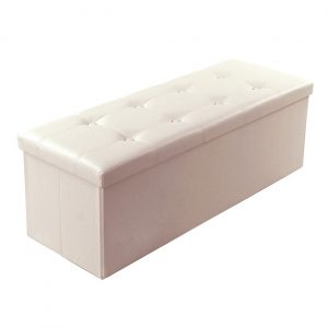 Taburete plegable almacenaje 110x38x38 cm, asiento acolchado, beige