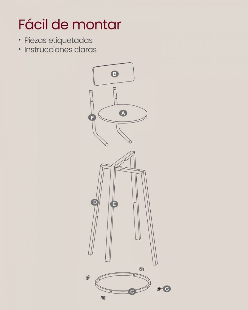 Set de 2 taburetes de bar industrial, tapizados, con reposapiés, marrón café - Imagen 7