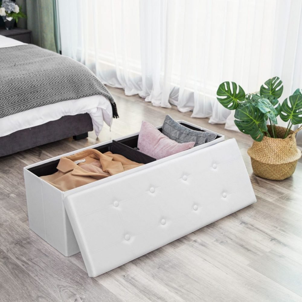 Taburete baúl plegable en blanco, soporta hasta 300 kg - Imagen 6
