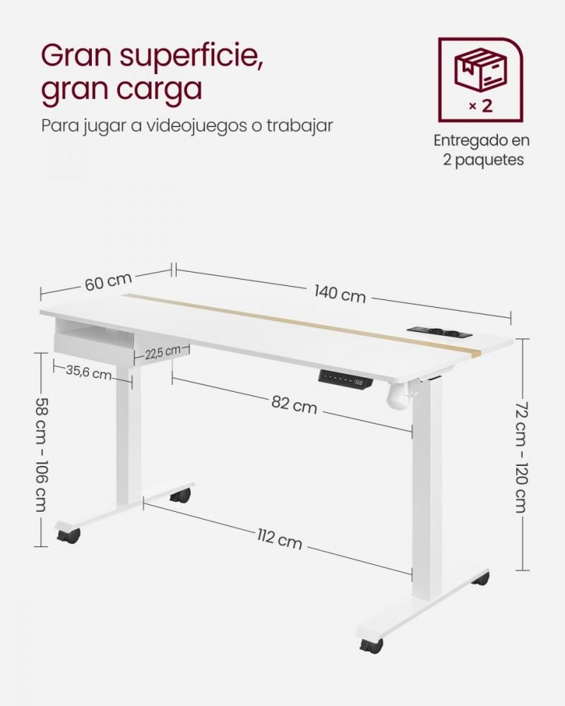 Escritorio eléctrico ajustable, 60x140 cm, blanco - Imagen 8