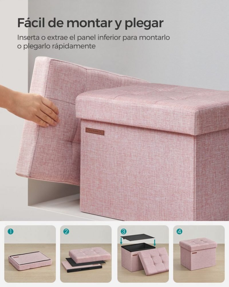 Taburete almacenaje con tapa, lino, rosa - Imagen 3