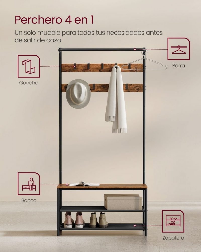 Perchero recibidor industrial con banco zapatero, 32.2x84x180 cm - Imagen 3