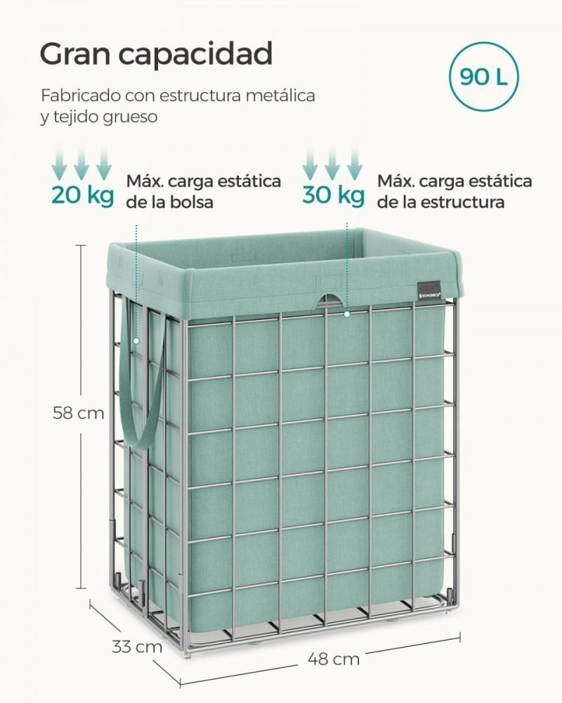 Cesto ropa sucia plegable 90l, bolsa extraíble, lavable, plata y verde menta - Imagen 7
