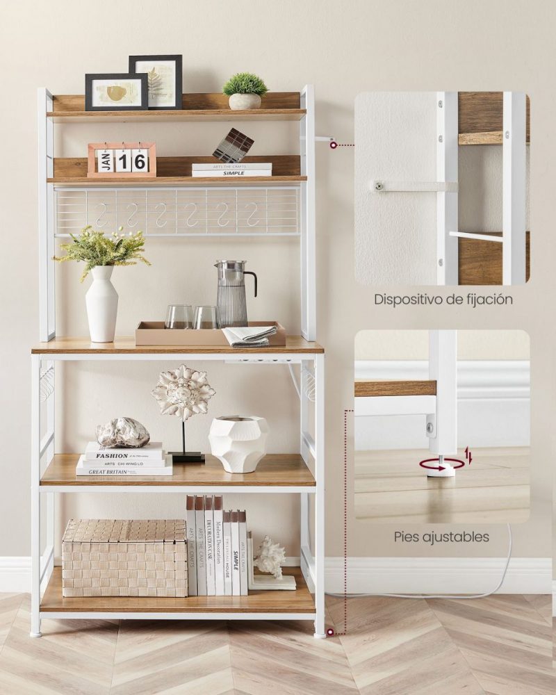 Estantería metálica entrada, toma de corriente, soporte para microondas, nogal y blanco - Imagen 3
