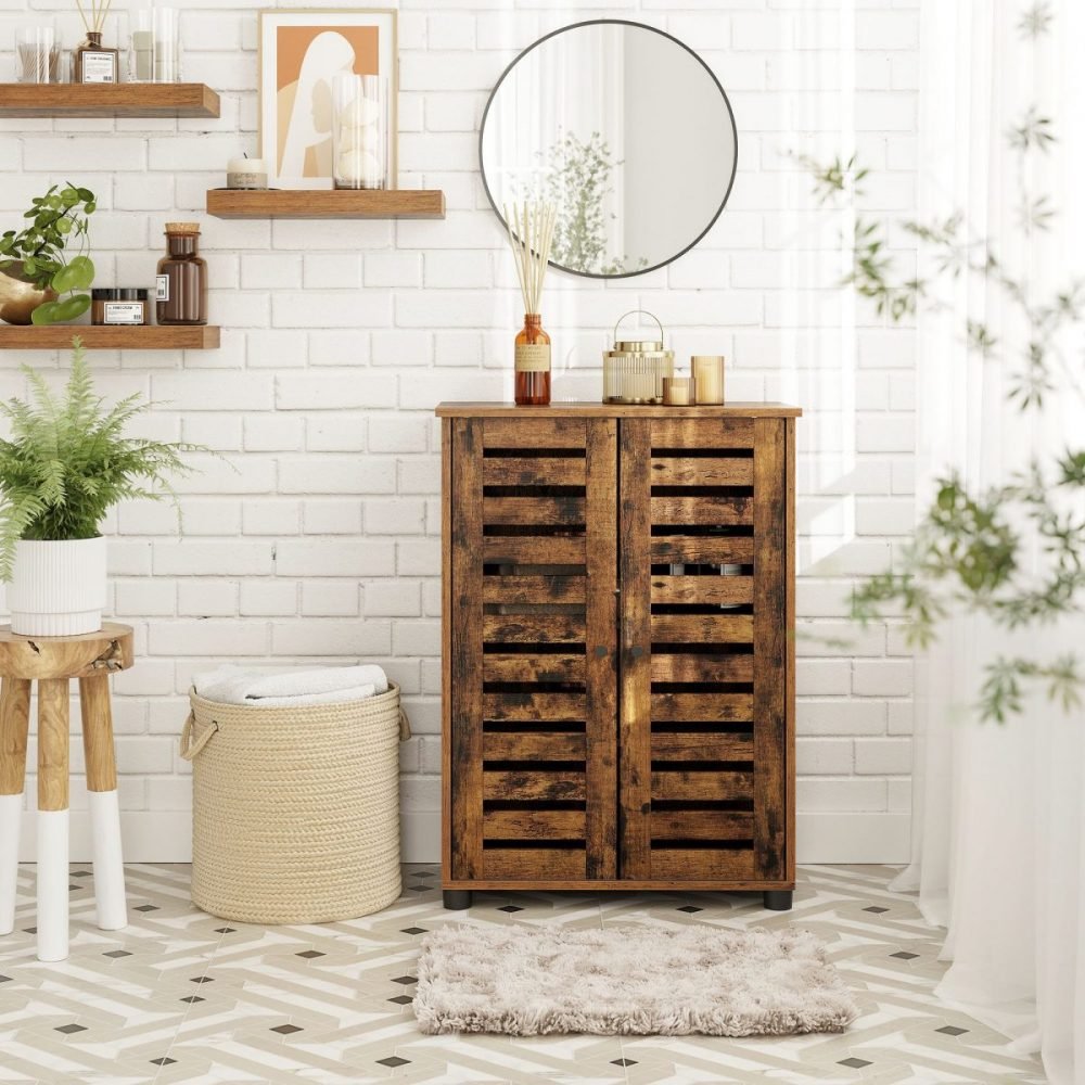 Aparador para baño con puerta persiana, marrón rústico - Imagen 3