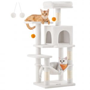 Árbol para gatos multinivel de 112 cm, postes rascadores, blanco crema