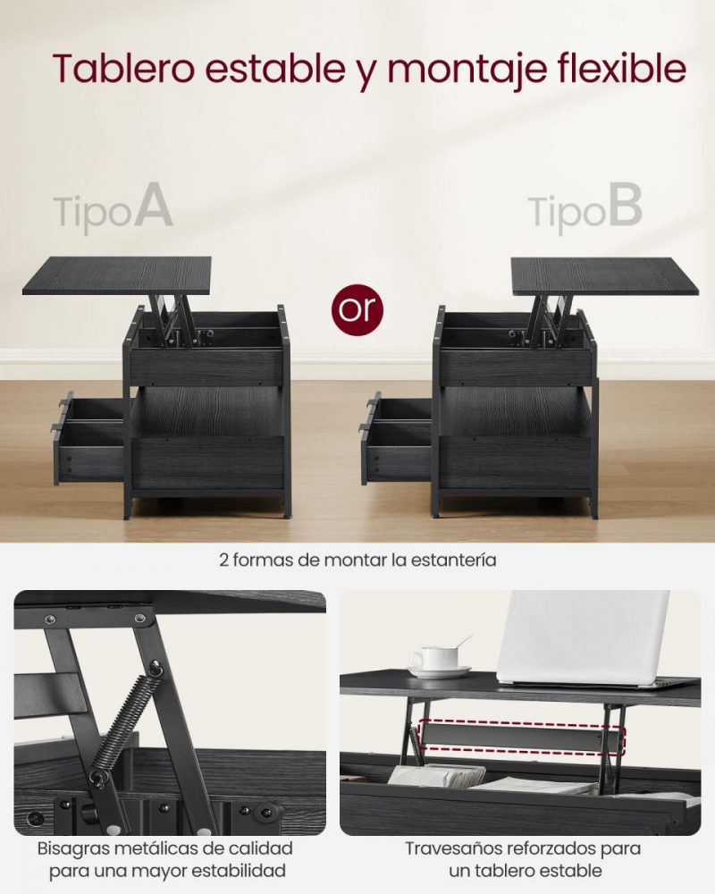 Mesa centro elevable, almacenamiento, cajones, gris ahumado y negro tinta - Imagen 5