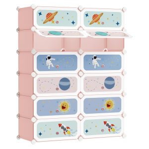 Estantería modular infantil de 12 compartimentos con puertas, rosa jalea