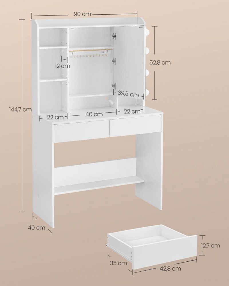 Tocador moderno con luces led ajustables, espejo y 2 cajones - Imagen 2
