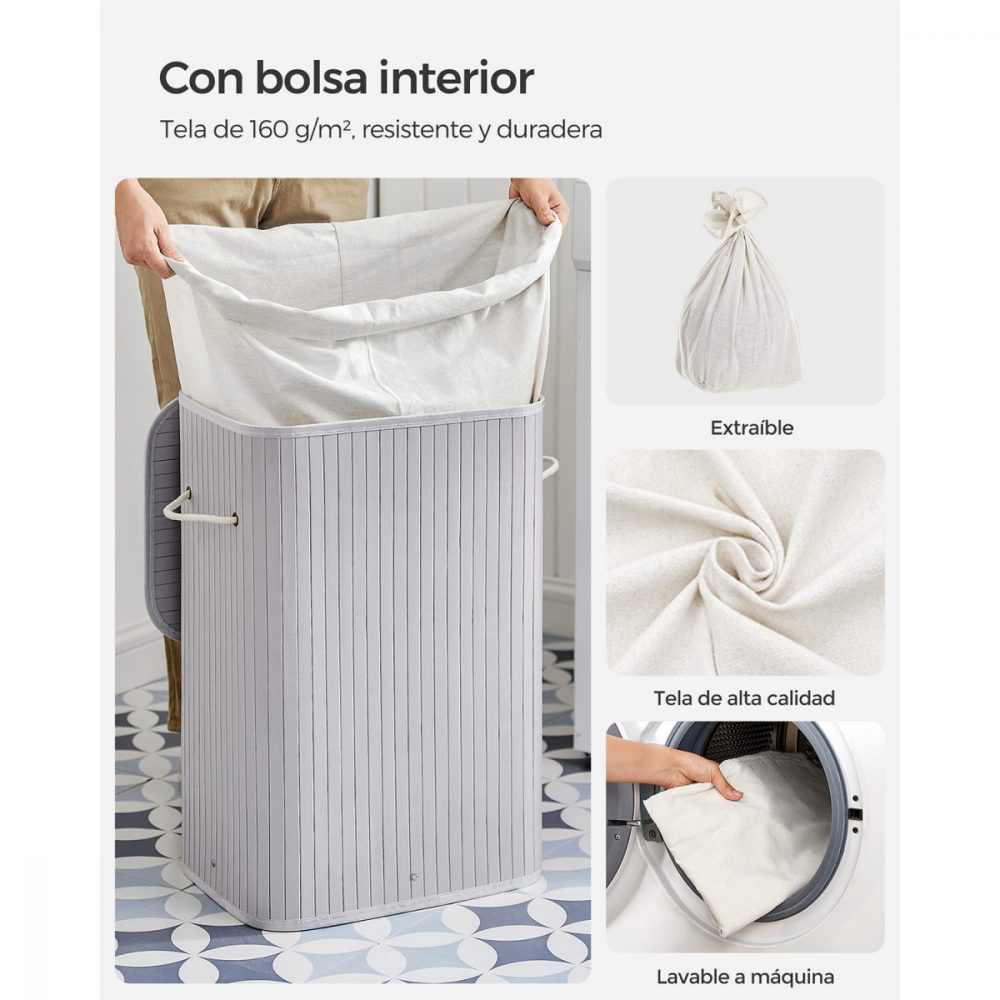 Cesto de ropa sucia de bambú con 3 asas, color gris - Imagen 5