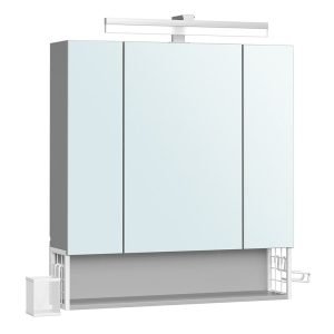 Armario baño multifuncional con espejo 3 puertas, enchufe, blanco nube y gris paloma