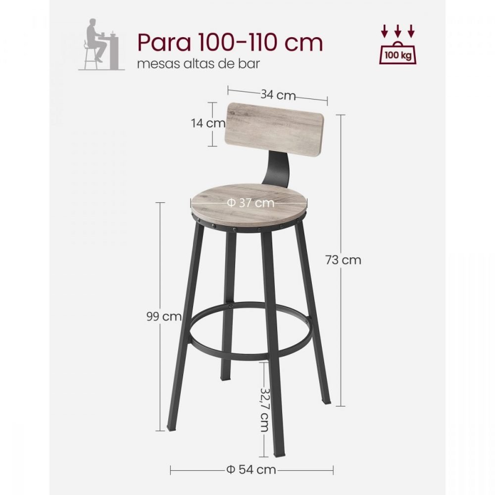 Juego de 2 taburetes altos de cocina, estilo industrial, greige - Imagen 8