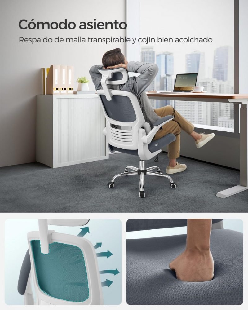Silla ergonómica de oficina, malla, reposacabezas ajustable, gris paloma - Imagen 5