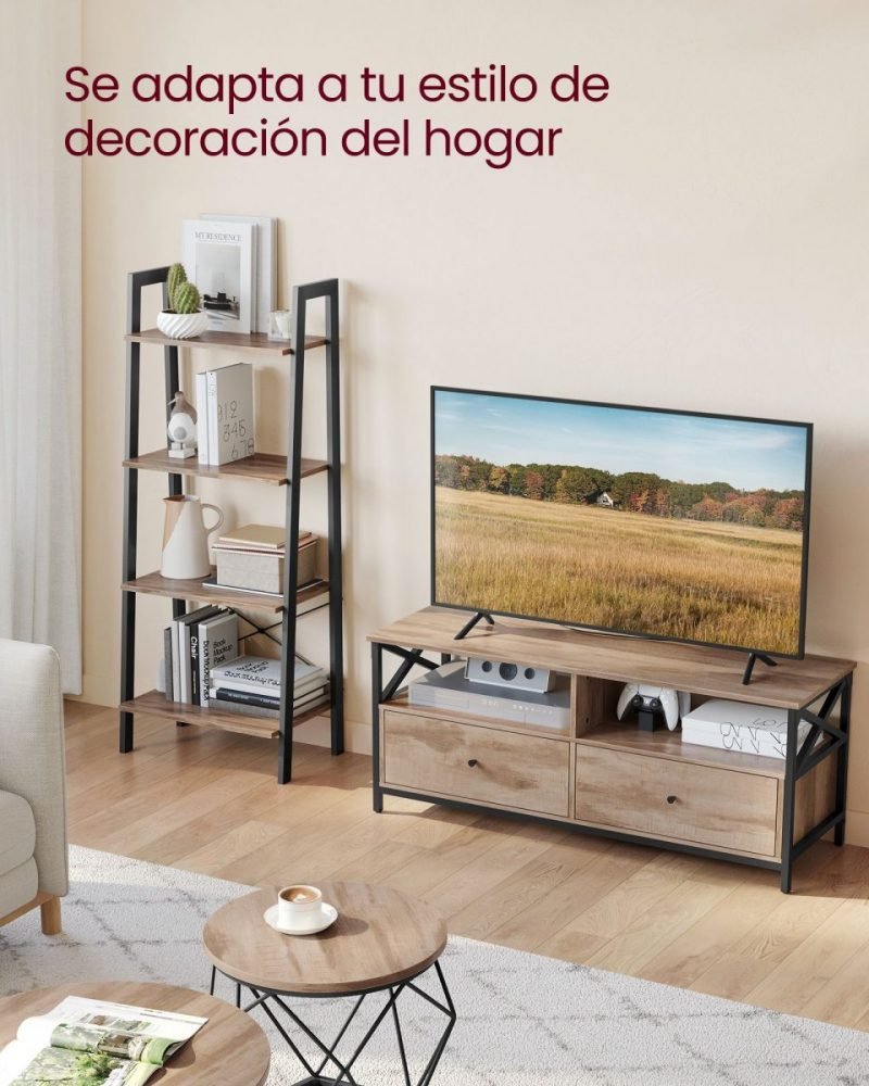 Mueble tv con 2 cajones, estantes abiertos, marrón roble - Imagen 3