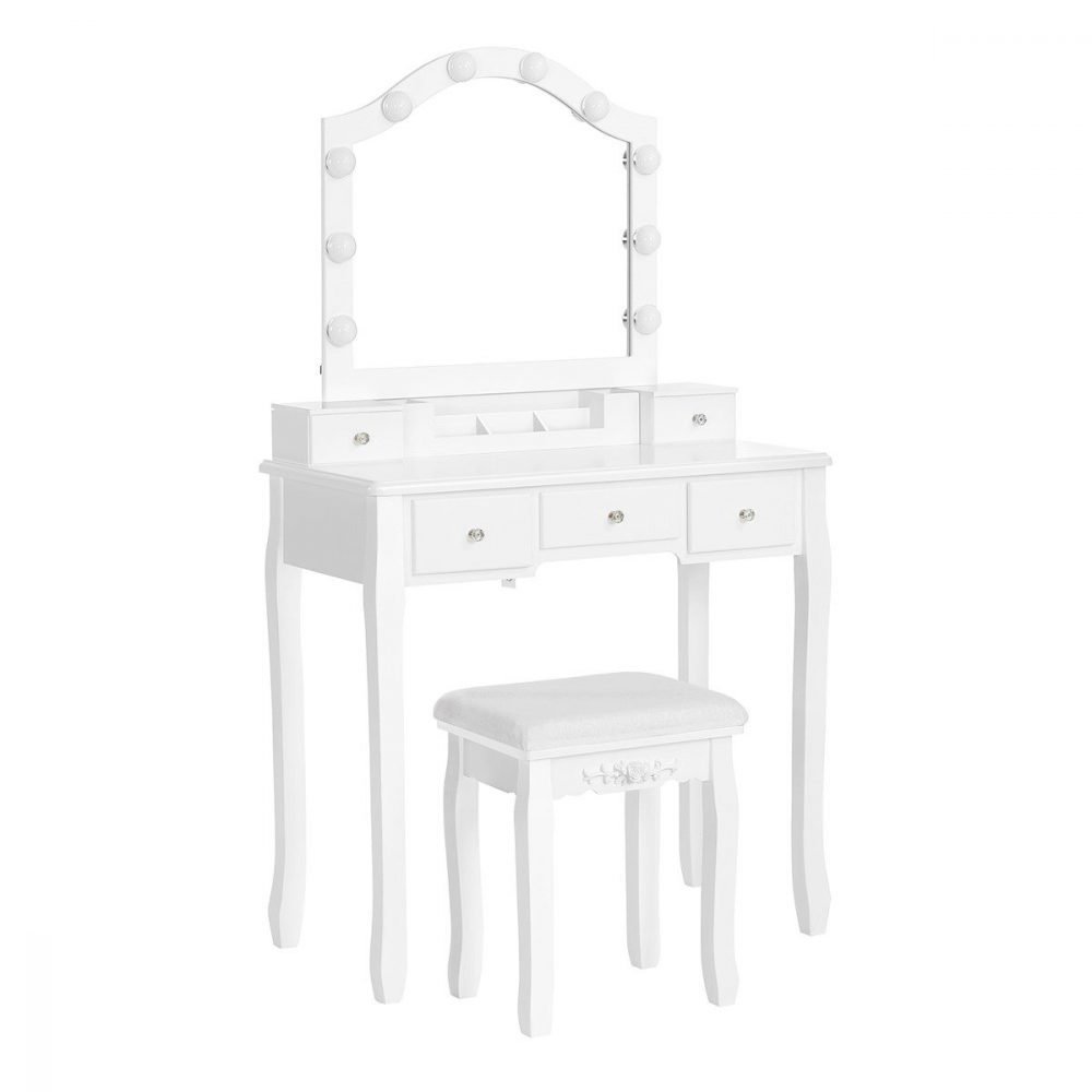 Tocador con luz led, taburete acolchado, 10 luces, 5 cajones