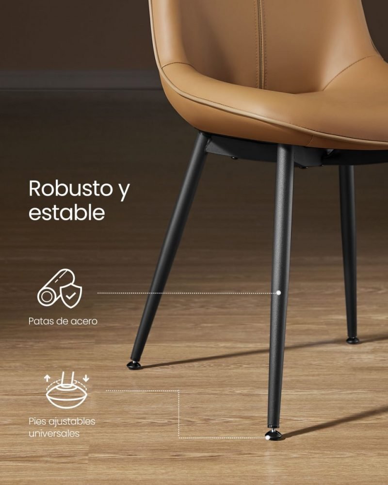 Juego 2 sillas comedor tapizado, respaldo curvo, patas acero, marrón caramelo - Imagen 6