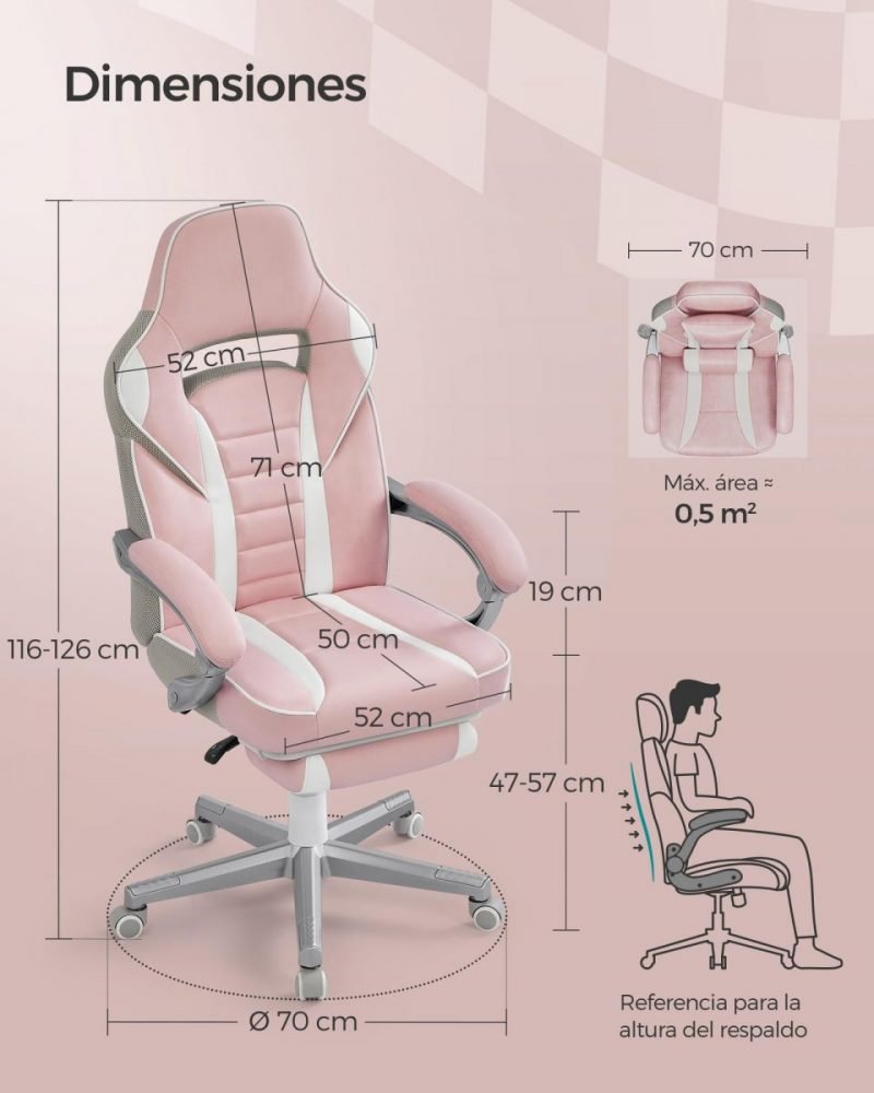 Silla oficina ergonómica, reposapiés extensible, rosa jalea - Imagen 8