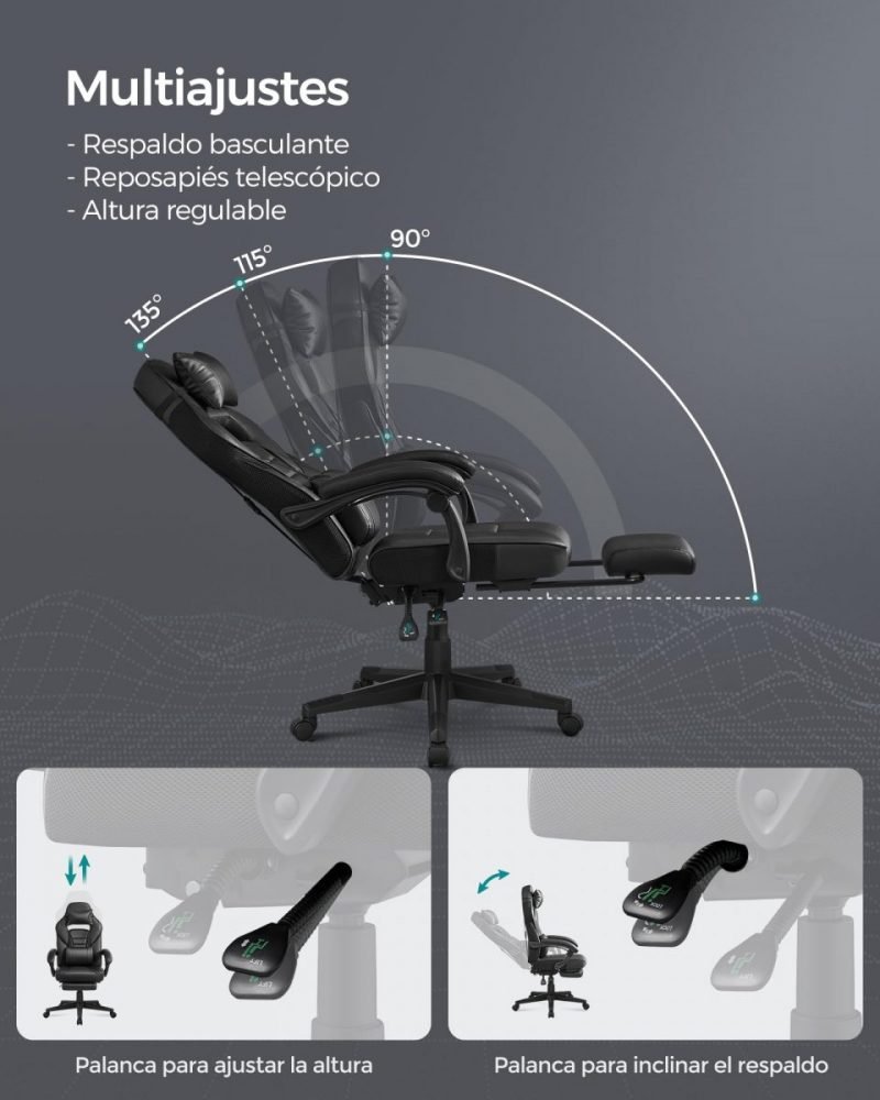 Silla oficina ergonómica, reposapiés extensible, negro tinta - Imagen 4