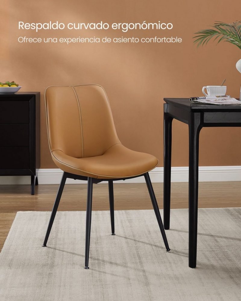 Juego 2 sillas comedor tapizado, respaldo curvo, patas acero, marrón caramelo - Imagen 3