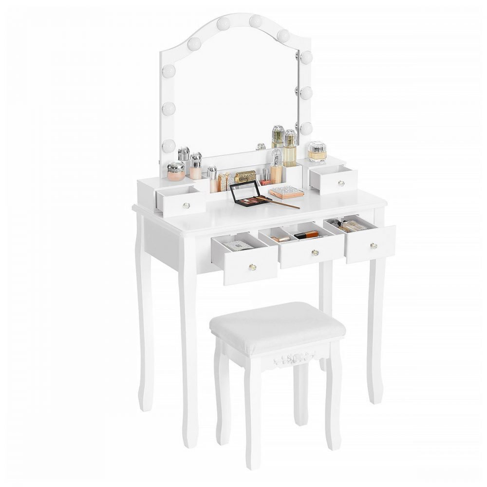 Tocador con luz led, taburete acolchado, 10 luces, 5 cajones - Imagen 3