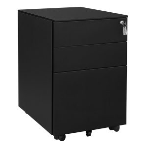Archivador metálico con cerradura, 3 cajones, ruedas, oficina, negro
