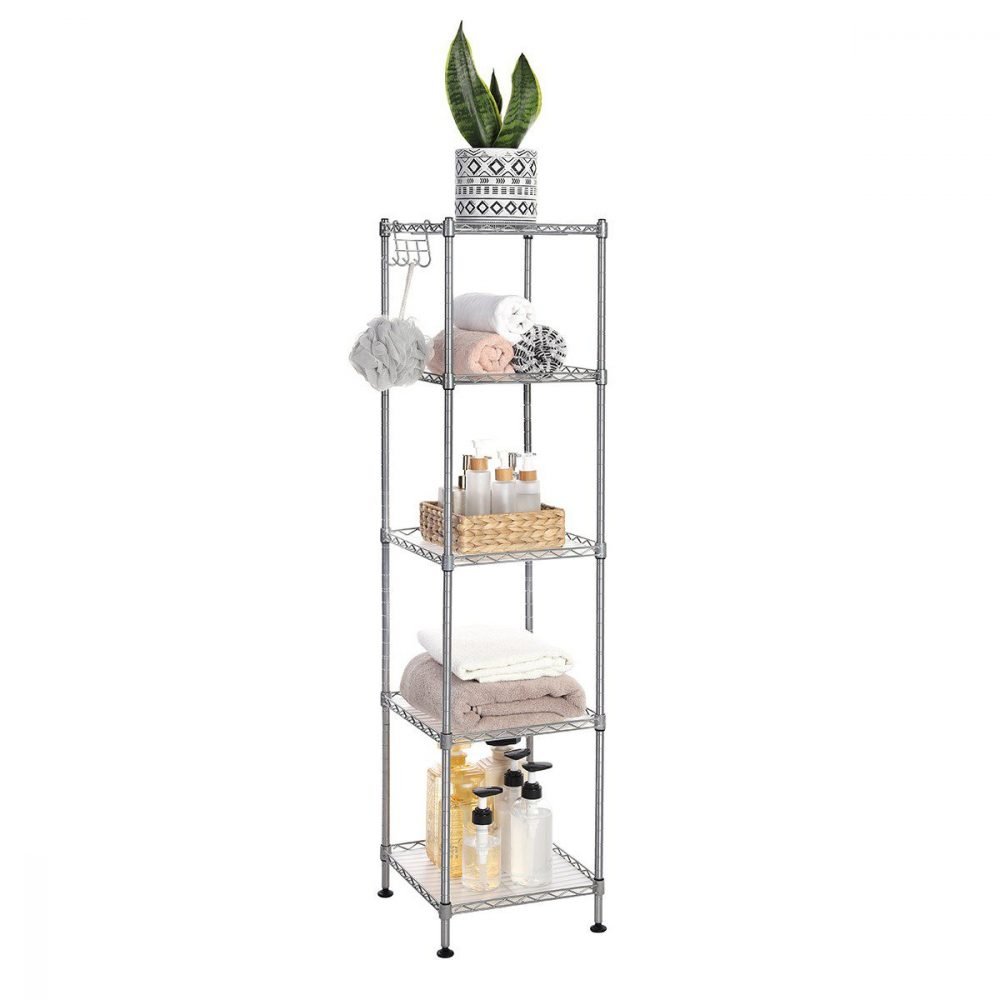Estantería baño metal expandible, 5 estantes, ganchos, plata