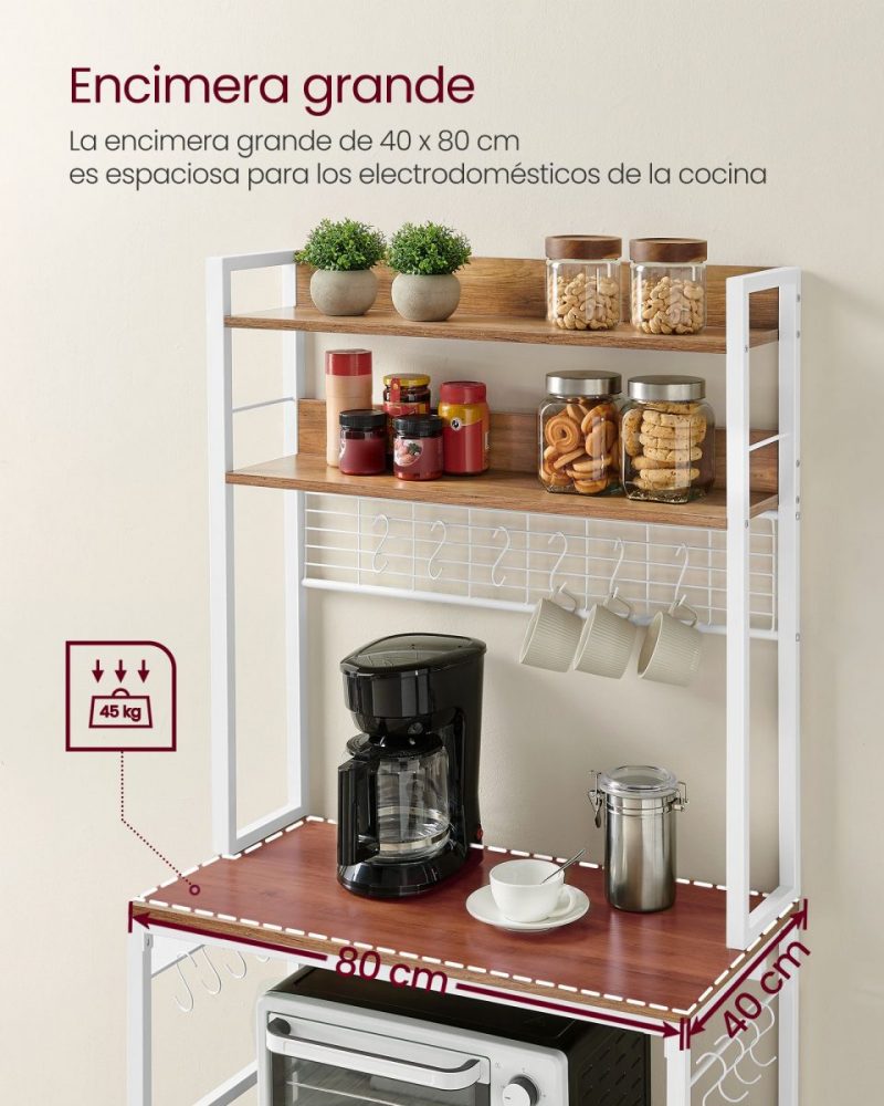 Estantería metálica entrada, toma de corriente, soporte para microondas, nogal y blanco - Imagen 5