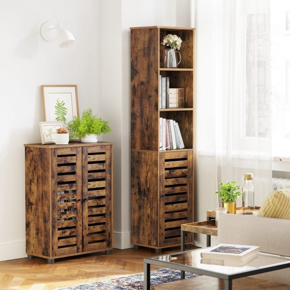 Aparador para baño con puerta persiana, marrón rústico - Imagen 4