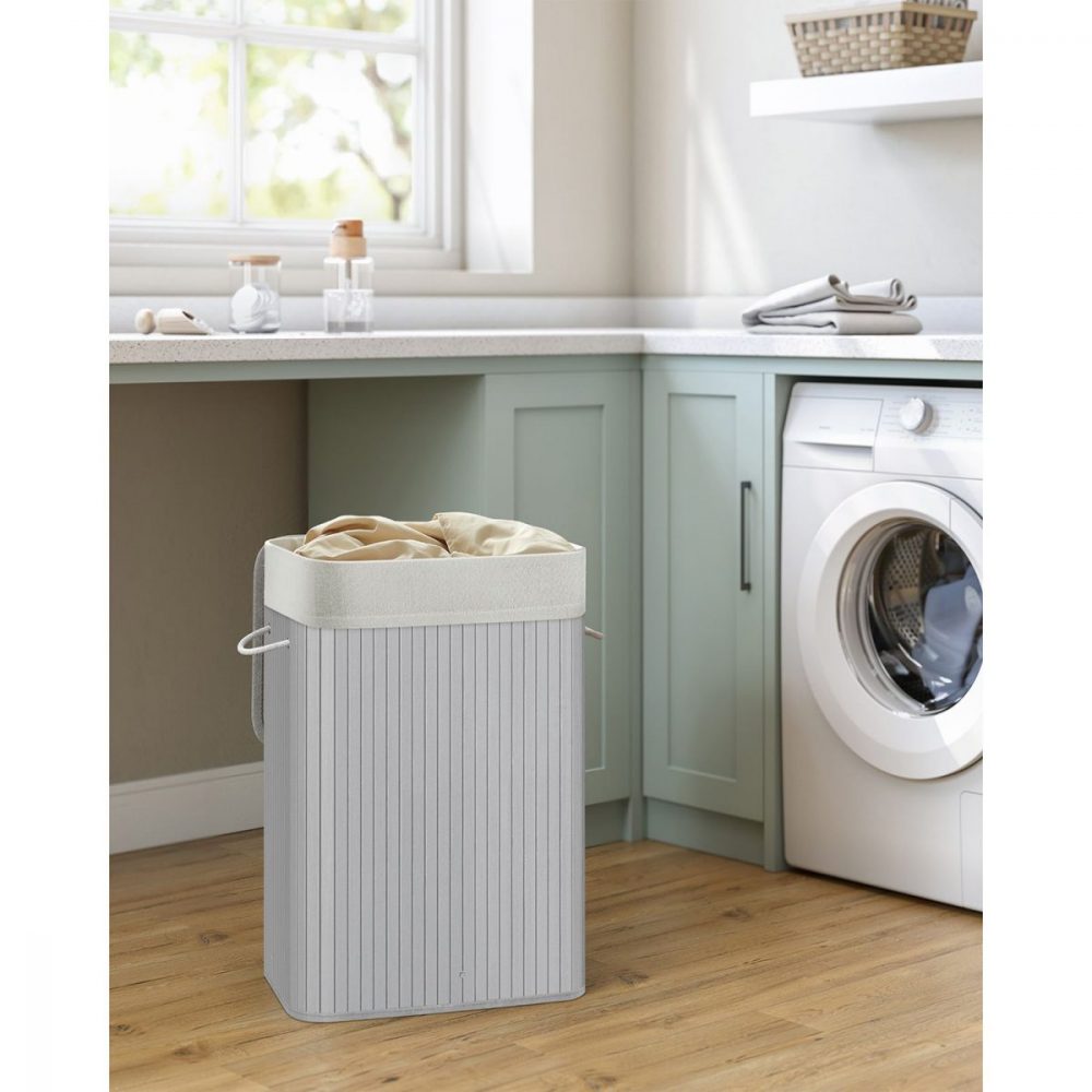 Cesto de ropa sucia de bambú con 3 asas, color gris - Imagen 3