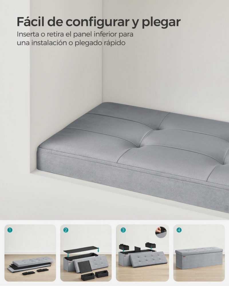 Banco almacenaje terciopelo, taburete reposapiés, gris paloma - Imagen 4