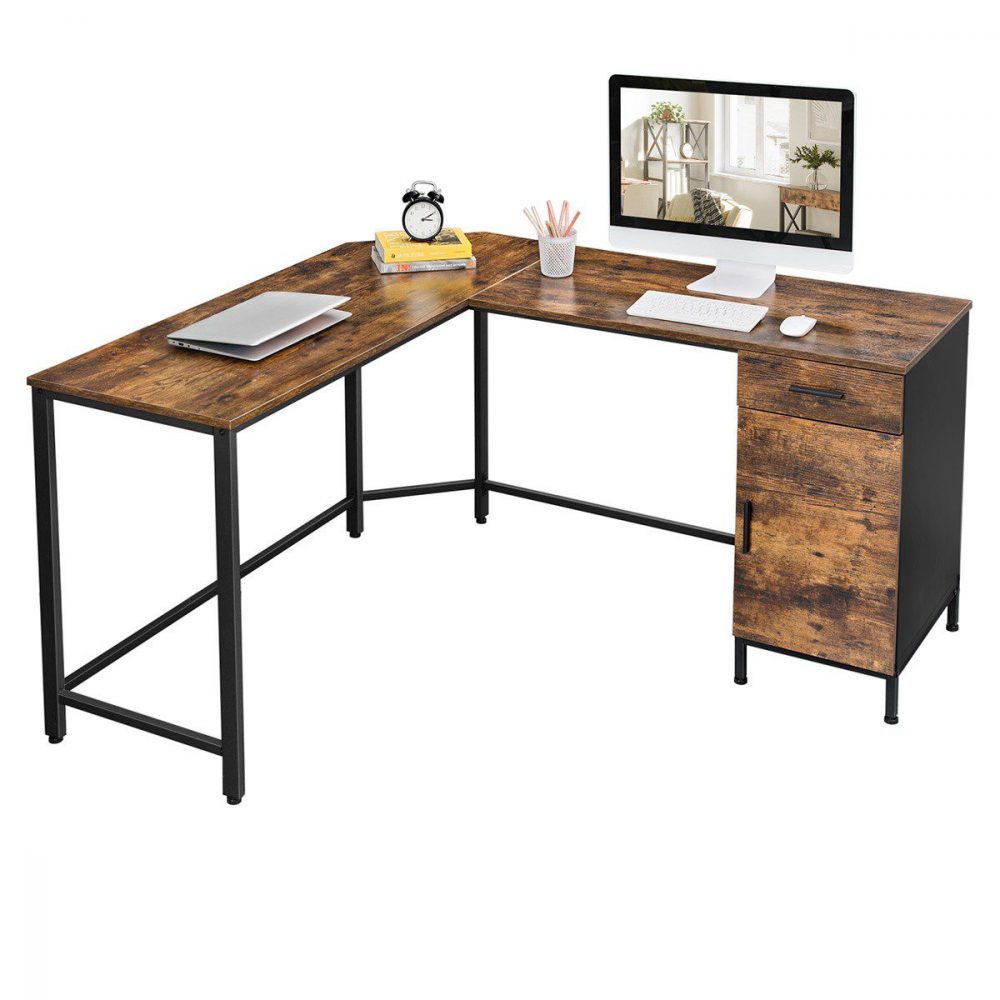 Escritorio de esquina en forma de l, marrón rústico y negro