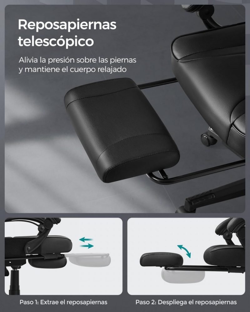 Silla oficina ergonómica, reposapiés extensible, negro tinta - Imagen 6