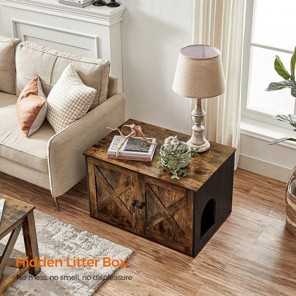 Mueble arenero para gatos con 2 puertas, marrón y negro - Imagen 5