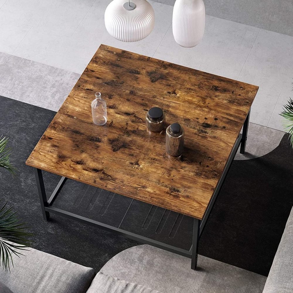 Mesa de centro industrial cuadrada con estante de malla, 80x80 cm - Imagen 6