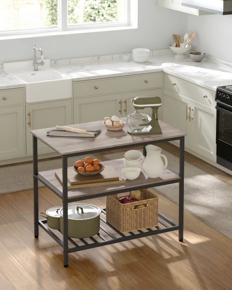 Isla de cocina estilo industrial, estantería de 3 niveles, greige - Imagen 2
