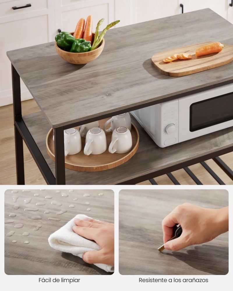 Isla de cocina estilo industrial, estantería de 3 niveles, greige - Imagen 4