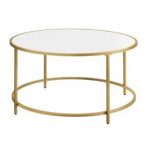 Mesa de centro redonda con tapa blanca y estructura dorada, 84 cm