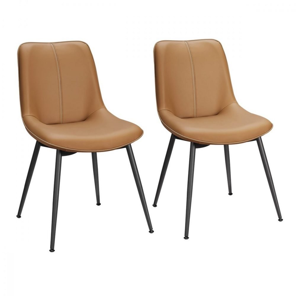 Juego 2 sillas comedor tapizado, respaldo curvo, patas acero, marrón caramelo
