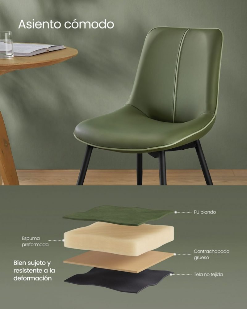 Juego 2 sillas comedor tapizado, respaldo curvo, patas acero, verde bosque - Imagen 5