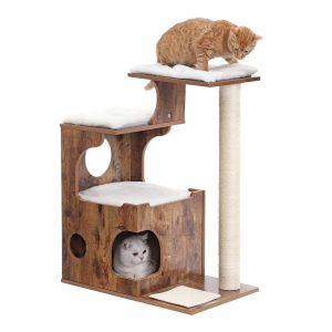 Árbol para gatos vintage con 3 camas y cueva, marrón y blanco