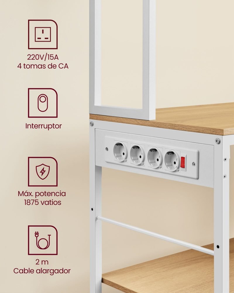 Aparador cocina con enchufes y estantes ajustables, roble y blanco - Imagen 7