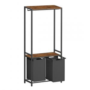 Mueble con cesto doble ropa sucia, barra colgante, estante, marrón rústico