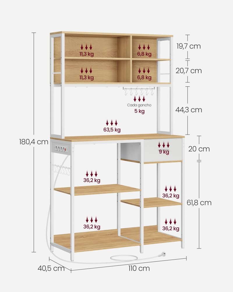 Aparador cocina con enchufes y estantes ajustables, roble y blanco - Imagen 8