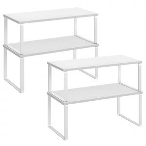 Estantes para armarios de cocina, juego de 2, metal y bambú, blanco nieve + blanco