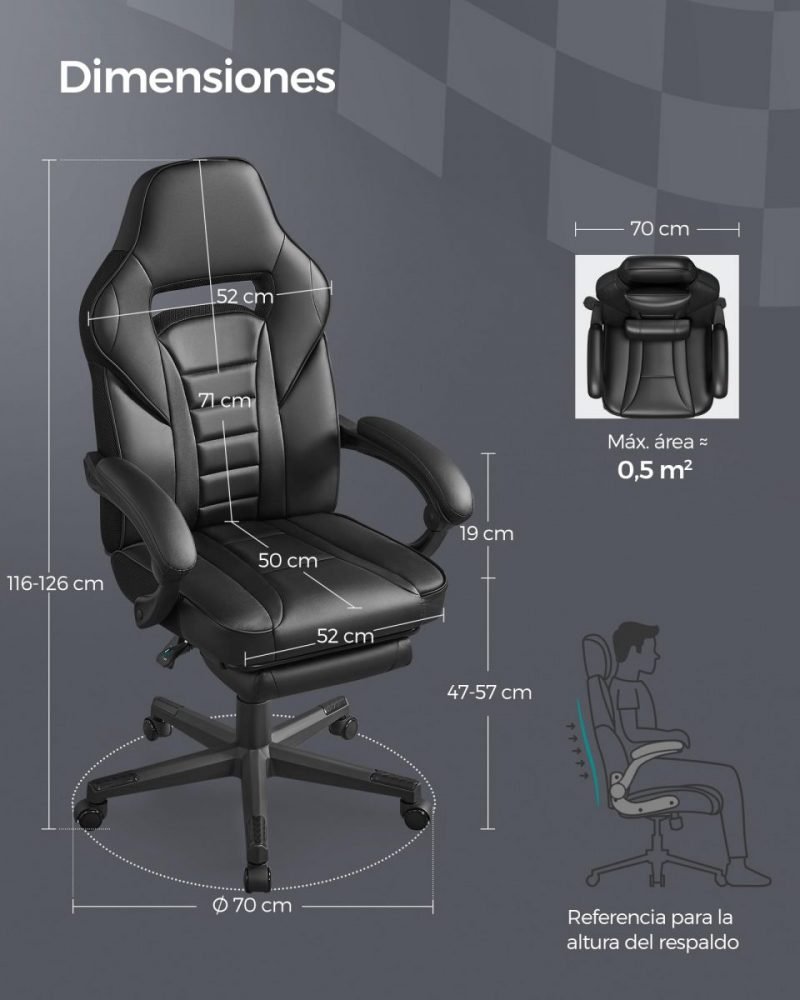 Silla oficina ergonómica, reposapiés extensible, negro tinta - Imagen 8
