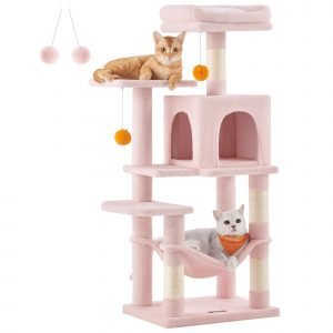 Árbol para gatos multinivel de 112 cm, postes rascadores, rosa caramelo