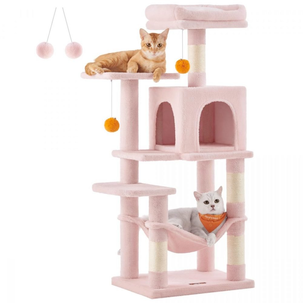 Árbol para gatos multinivel de 112 cm, postes rascadores, rosa caramelo