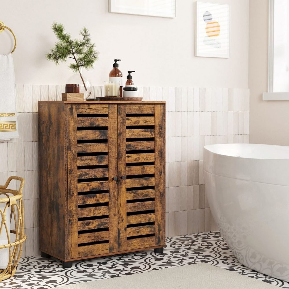 Aparador para baño con puerta persiana, marrón rústico - Imagen 2