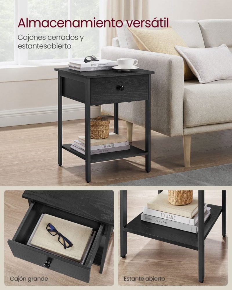 Mesita de noche con cajón y estante, acero, negro ébano - Imagen 3