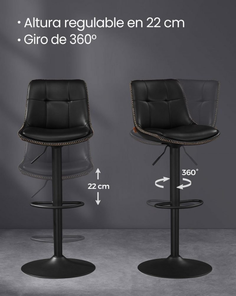 Set 2 taburetes bar giratorios, regulables, respaldo, negro tinta - Imagen 3